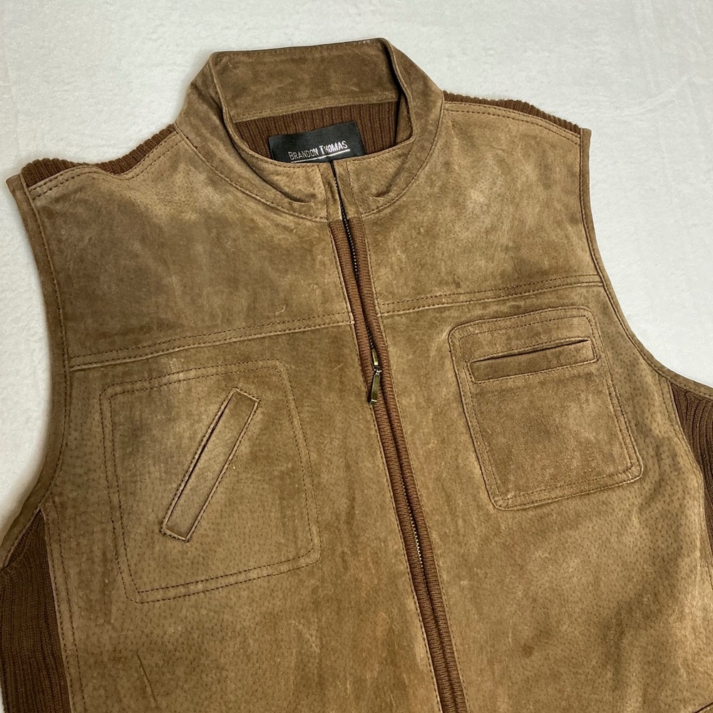 BRANDON THOMAS Suede Knit Vest Brown Full Zip Pockets Women's XL
